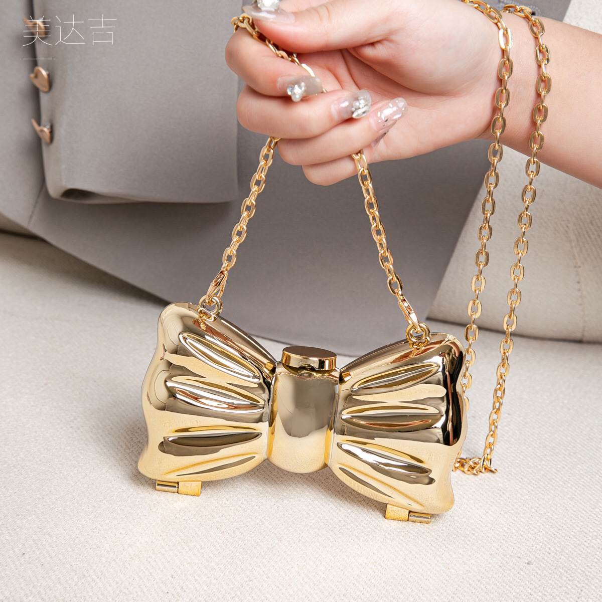 Glossy Gold Metal Bow Shaped M - Clutch Bag Evening review and price