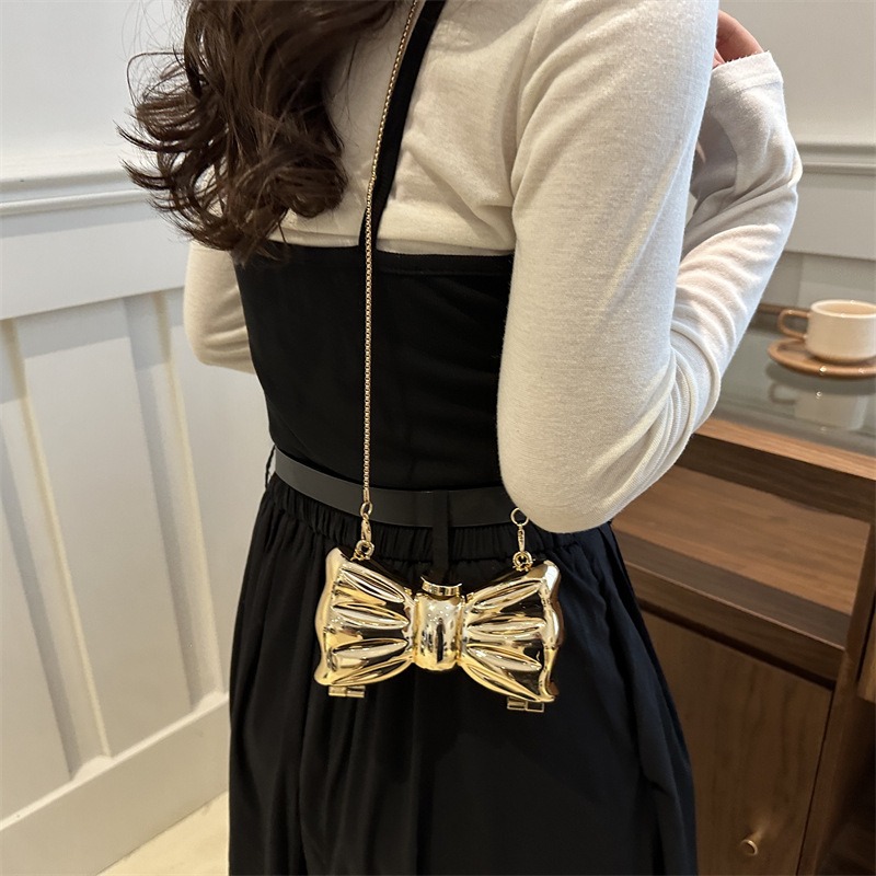 Glossy Gold Metal Bow Shaped M - Clutch Bag Evening review and price